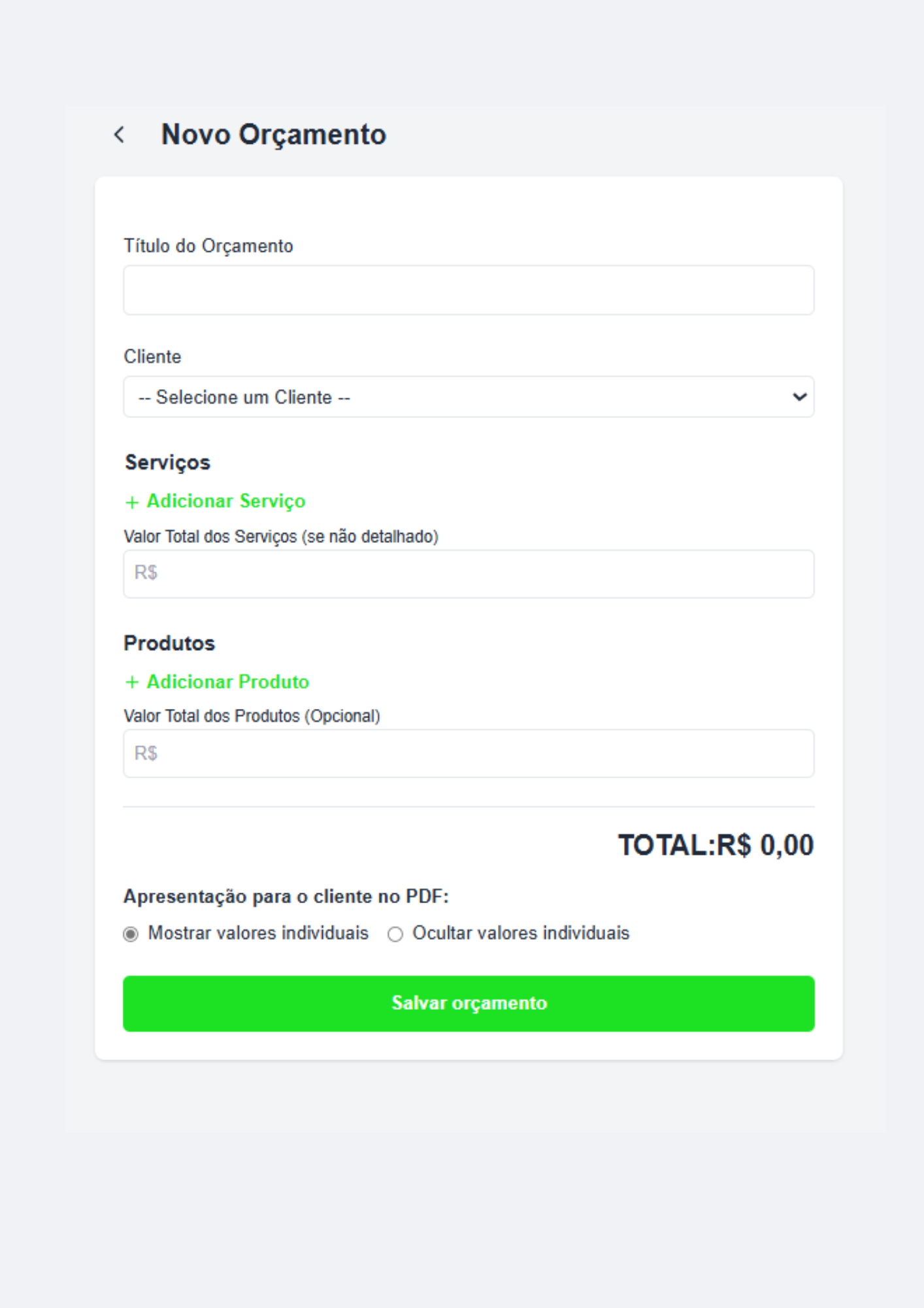 Tela de criação de orçamento